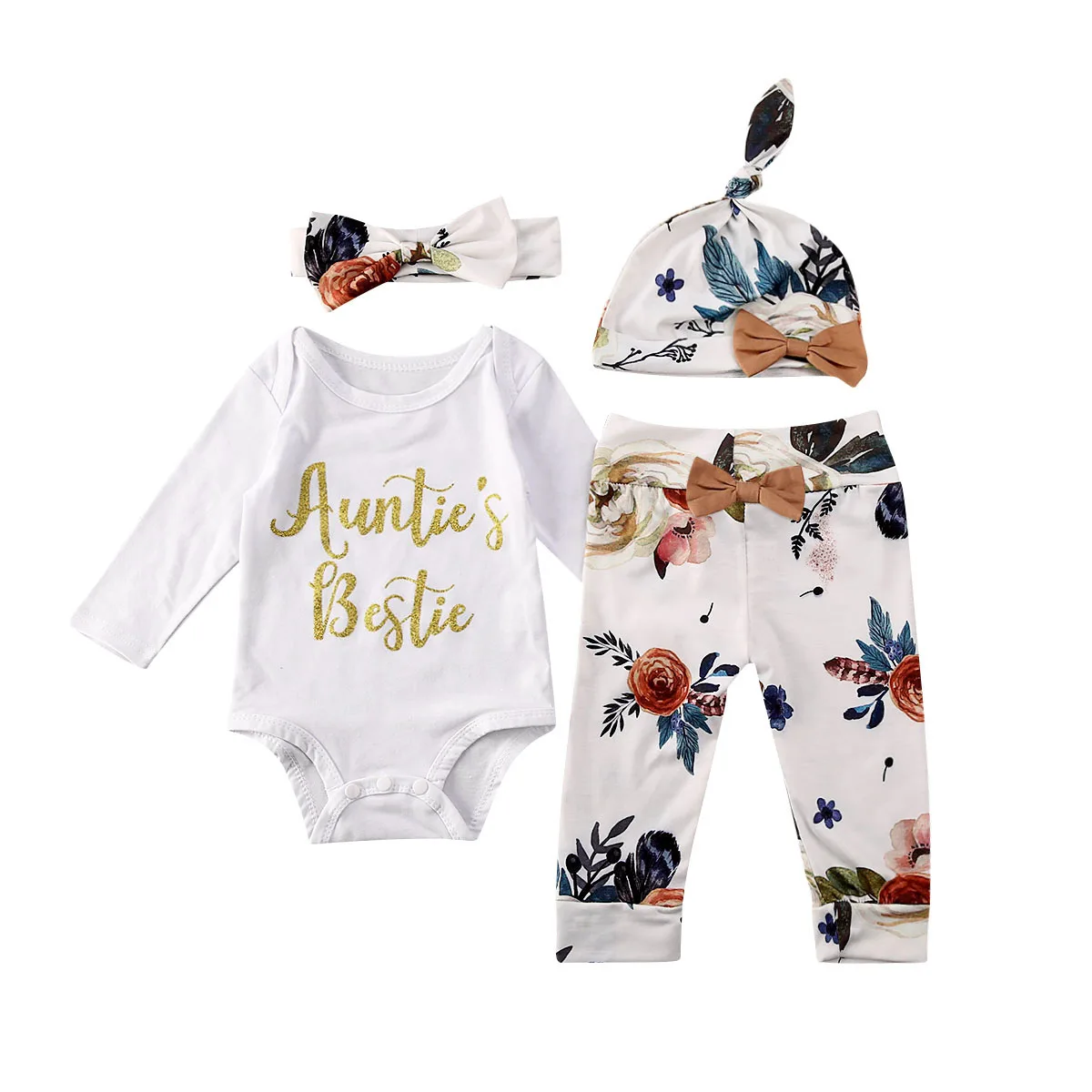 

Newborn Baby Girls Boys Cotton Clothes Long Sleeve Auntie Letter Printed Romper+Pants+Hats+Headband 4Pcs Outfit Suit