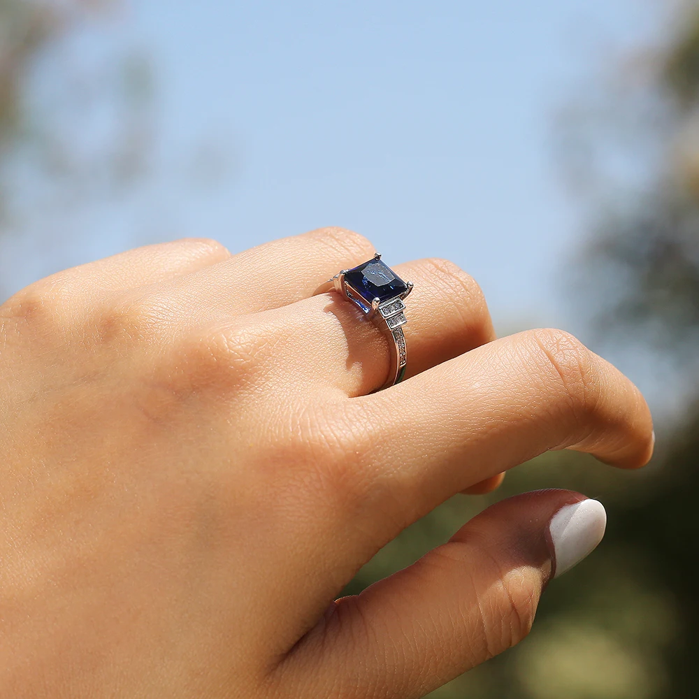 

Vintage Wedding Women Ring Design Square Dark Blue Stone Four Layers Inlaid Zircon Gracious Lady Luxury Jewelry Hot Rings