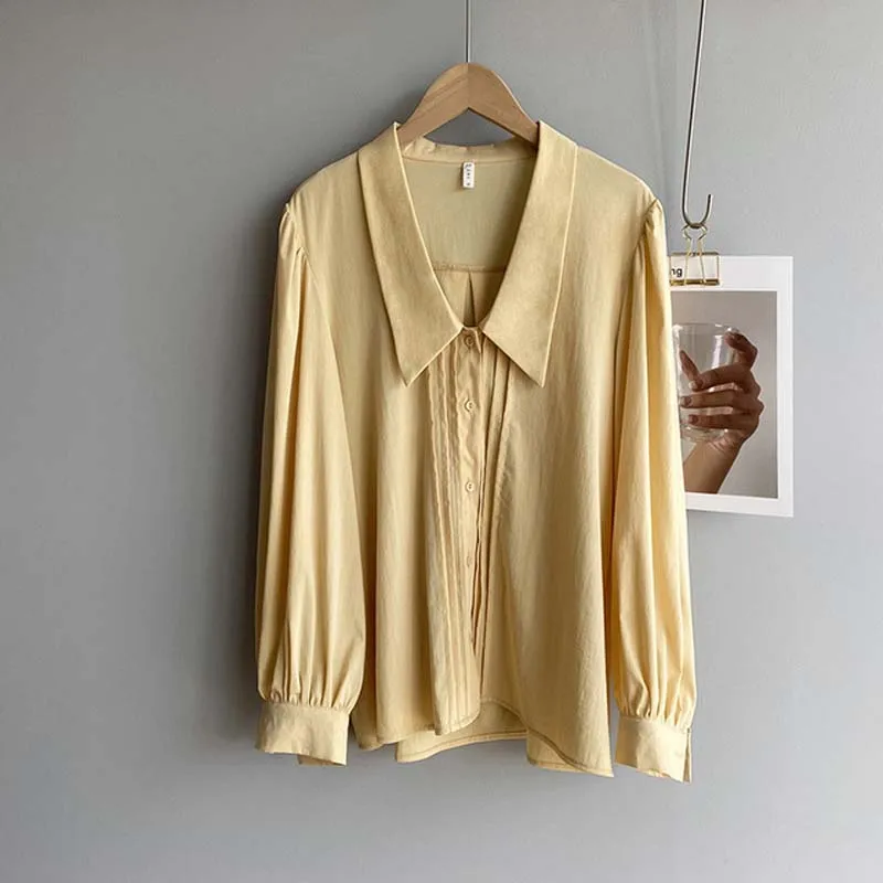 

Simgent Women Blouses Long Sleeve Ruched Peter Pan Collar Solid Casual Office Shirts Ladies Tops Clothing Blusen Damen SG13253