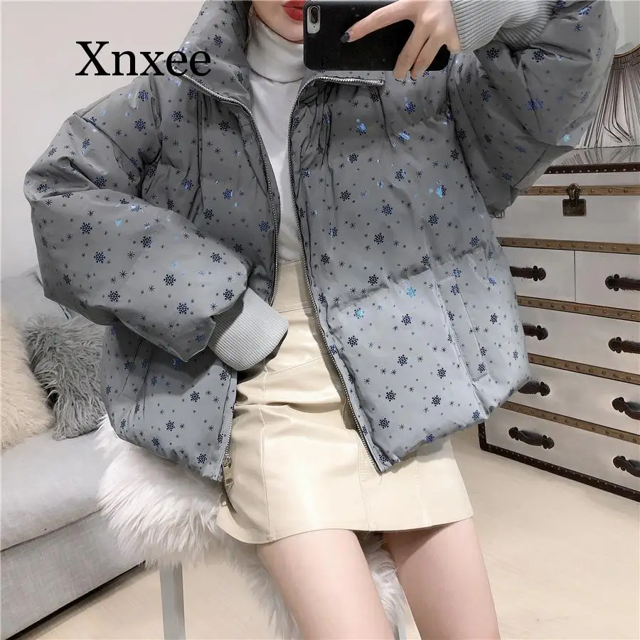 Winter Women Streetwear Down Parka Oversize Reflective Jacket Short Warm Women Coat Snowflake Sequin Parka Cotton Padded Jacket