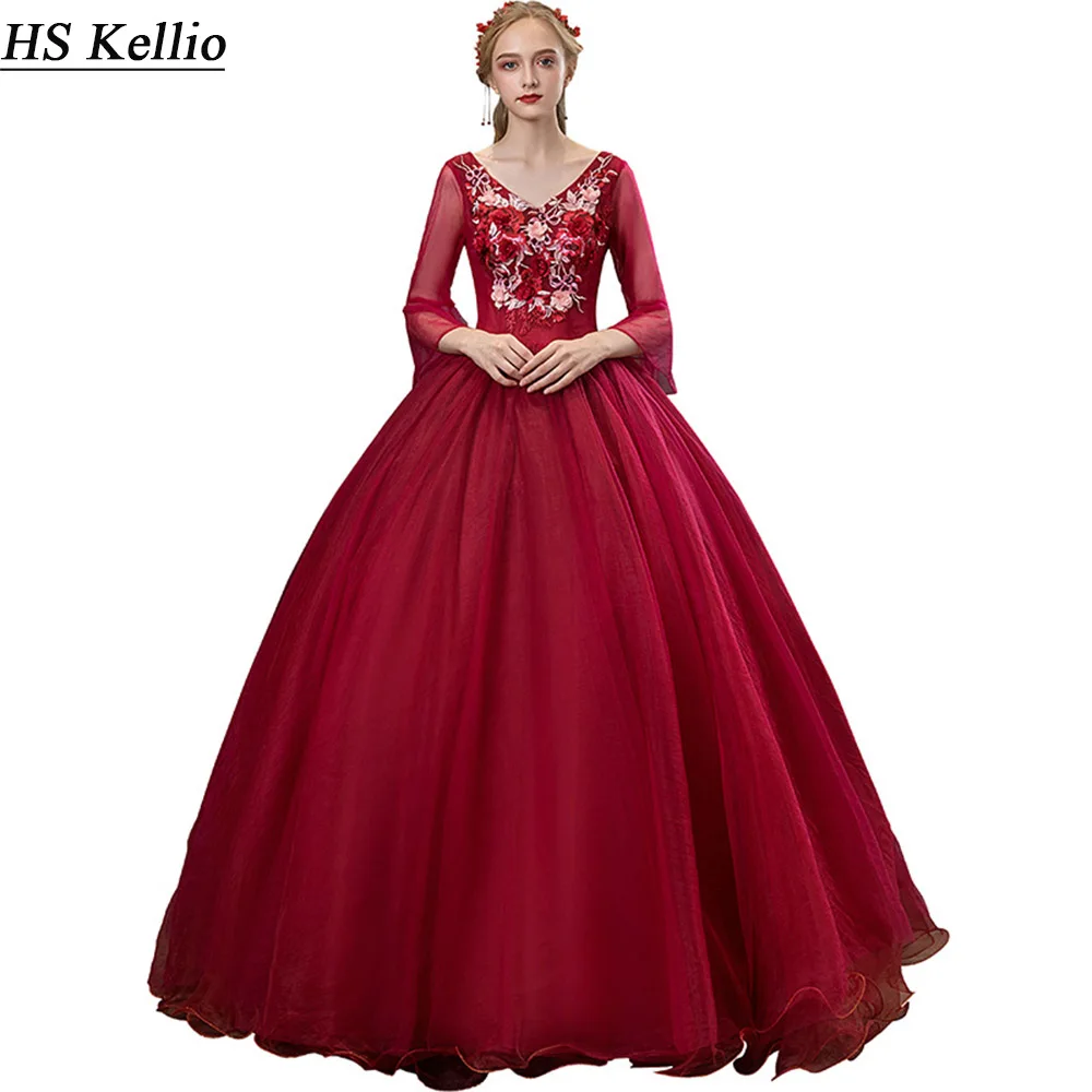2020 пышное платье бордового цвета с рукавами 3/4 бальное для выпускного вечера