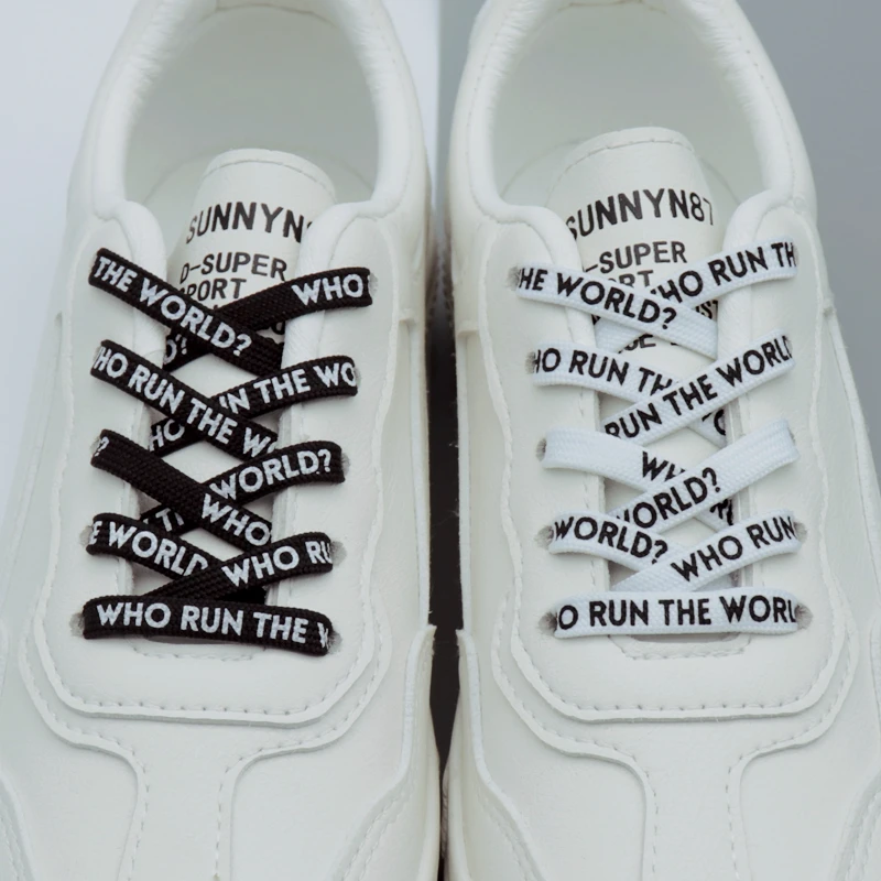 

Coolstring 7MM WHO RUN THE WORLD Text Silk Screen Printing Plain Shoelaces White Black Draw Laces Men Women Sneaker Canvas Boots