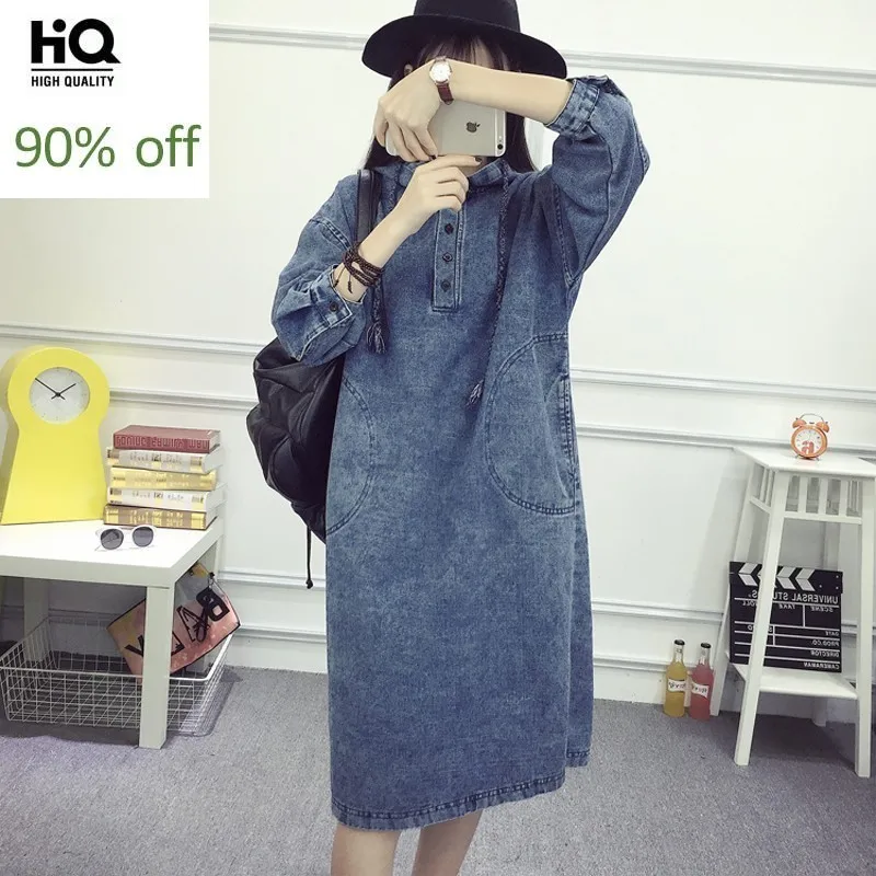 Новинка 2020 винтажное свободное джинсовое платье с капюшоном и длинным рукавом