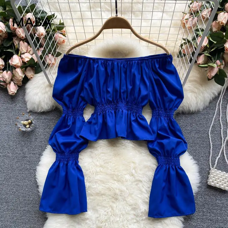 

Vintage sexy Folds slash Neck Shirt women Puff long sleeve solid slim fit short top Korean fashion exposed clavicle shirt Blusa