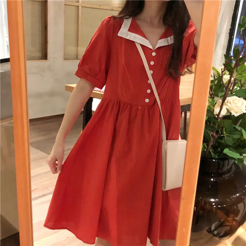 Летние однотонные корейские повседневные свободные Kawaii женское платье
