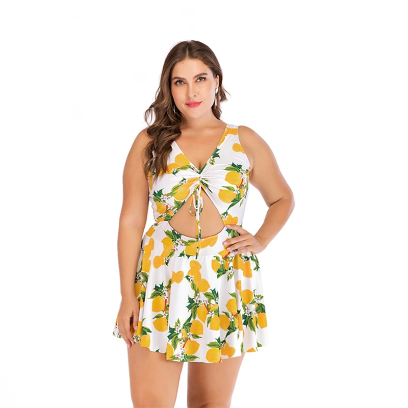 

Two Pieces Set Plus Size Women Swimsuit Tankini Set 2021 Female Swim Dress + Bottom Print Swimwear Beachwear Large Size 5XL