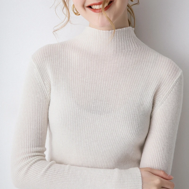 

SZDYQH 100% Cashmere Women's Sweaters And Pullovers Autumn Female Half High Collar Elasticity Soft Tops Casual Basic Jumper