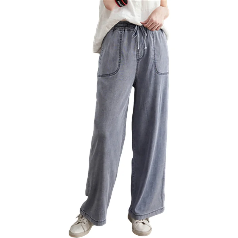

Summer Plus Size Denim Wide-leg Pants High Waist Loose Versatile Solid Color Commuter Fashion Trousers Jeans Women's Clothing