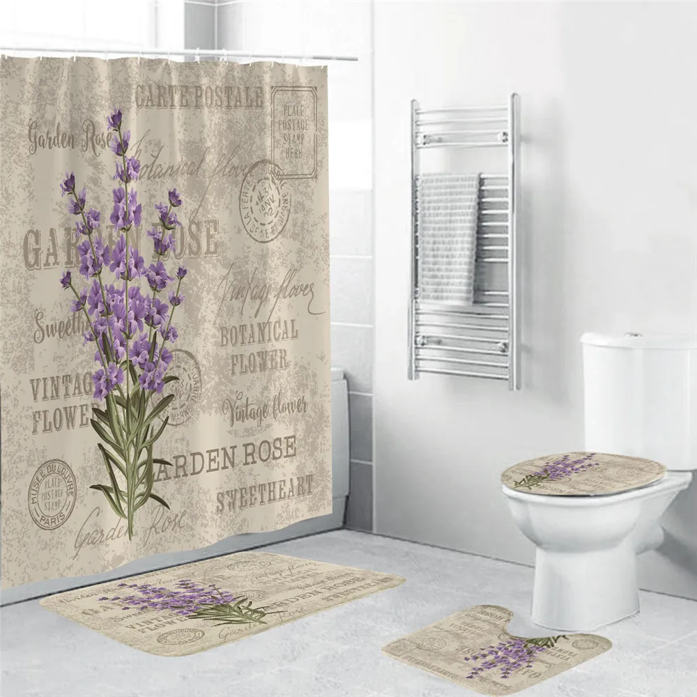 

Waterproof Flowers Shower Curtain Sets Non Slip Rugs Toilet Lid Cover and Bath Mat