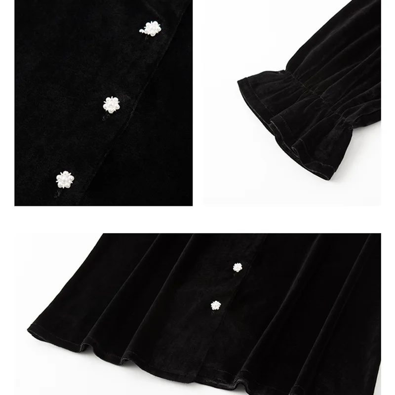 

Elegant Velvet Tops Women Shirt Lace Ruffles Trim Doll Collar Flare Long Sleeve Korean Style Sweet Blouse blusas mujer de moda