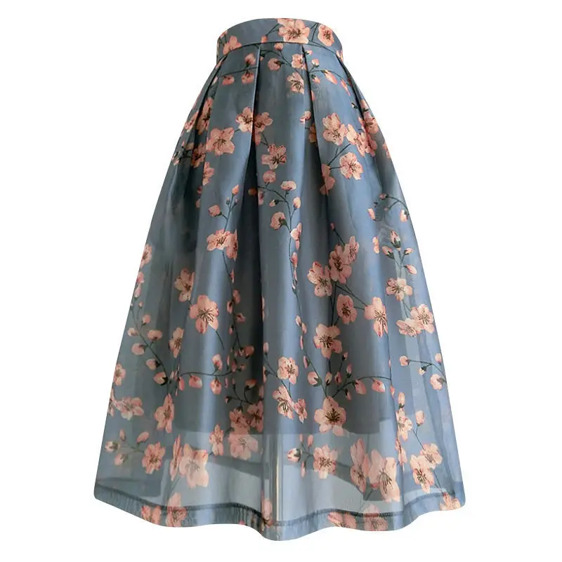 

Women 2021 Summer Vintage Floral Print High Waist Pleated Midi Skirt Female Casual A-Line Skirt Ladies Elegant Skirts Falda