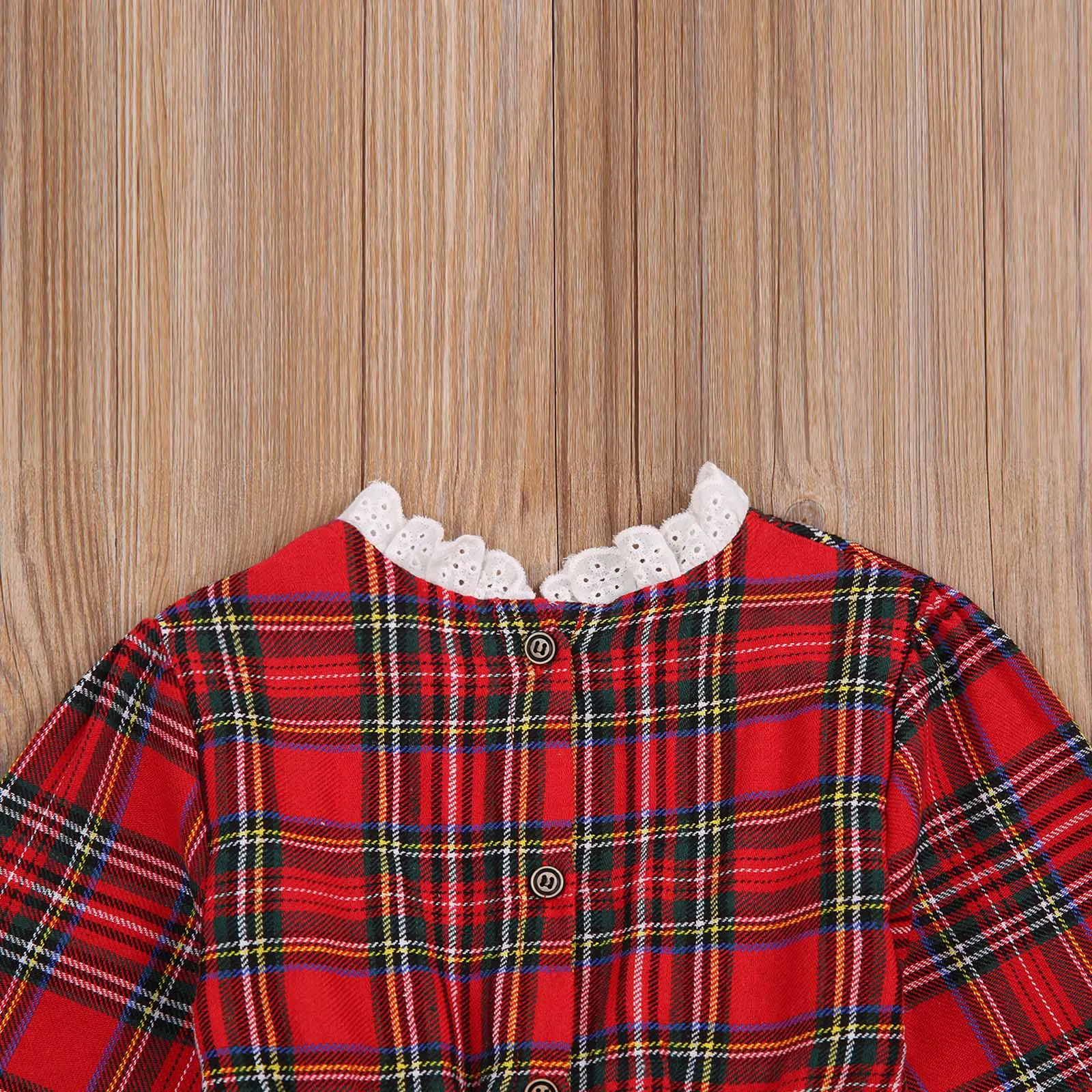 

Christmas Baby Girls Princess Dress Ruffles Lace Long Sleeve Plaid Print Bowknot Knee Length A-Line Dress 0-5Y