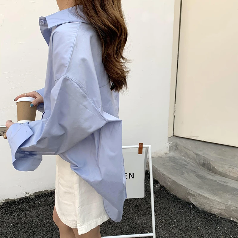 

Simple Oversized Solid Color Shirts Women Spring Autumn Chic Loose Batwing Sleeve Vintage All Match Streetwear Blouses Feminima