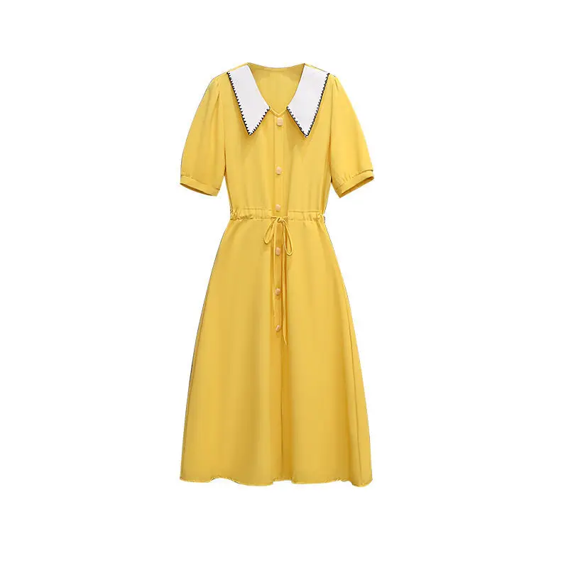 

2021 Women Spring Summer Vintage Button Dress Female Short Sleeve Peter Pan Collar Dresses Lady Casual Chic Pleated Vestidos K46