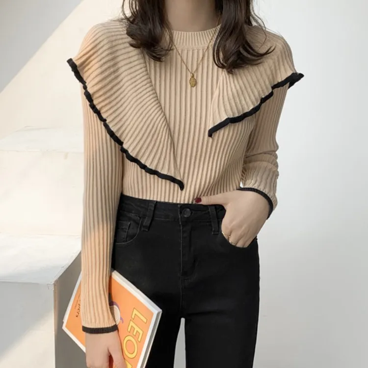 

2021 New Autumn fashion Hit Color Ruffled Stitching Women's Pullover Sweater All-match Lotus Leaf Edge Female Knit Chic Tops