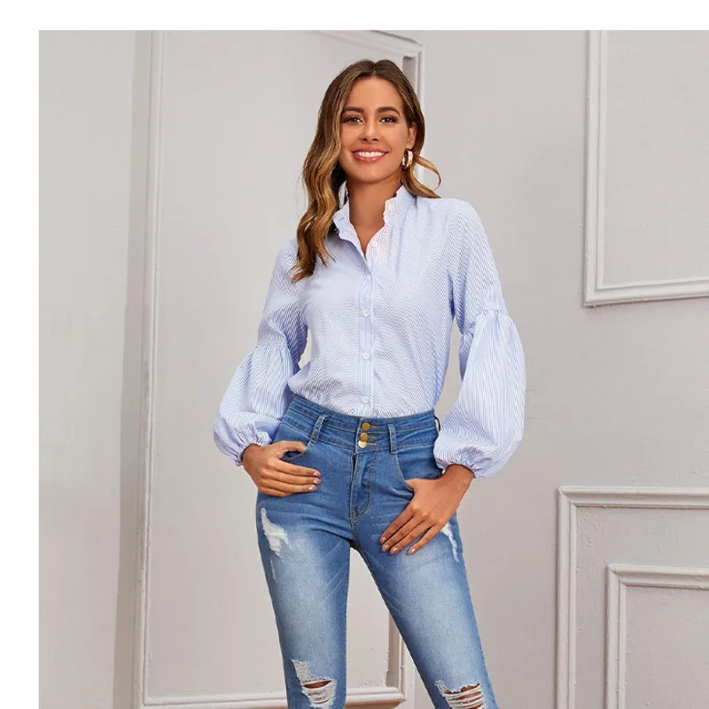 

Blue Vertical Stripes Long-sleeved Shirt 2021 Autumn And Winter New Women's Business Wear Bottoming Shirt Em*
