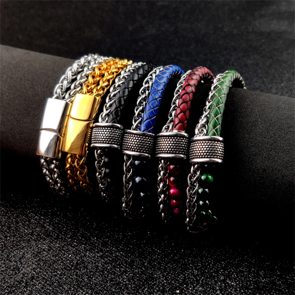

2021 золотые ювелирные изделия из нержавеющей стали, модная Мужская цепь, браслет из бисера, кожаный шнур, магнитный браслет