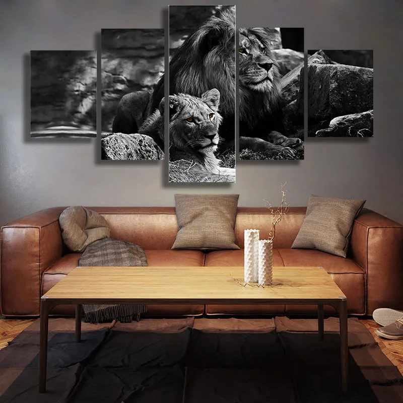 

Canvas Wall Art Pictures 5 Piece Black Background lion Painting Modern Prints Animas Poster Home Decor Artwork