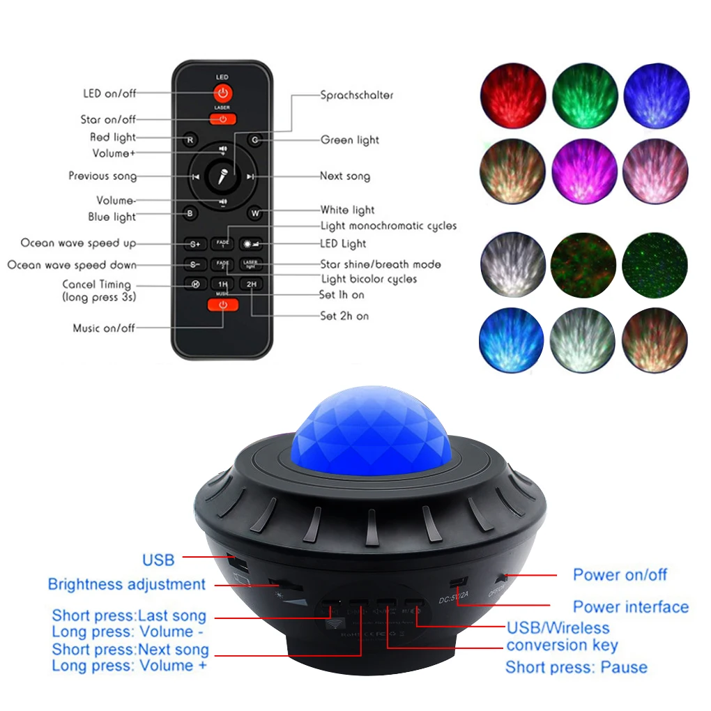 

LED Star Light Projector USB Starry Projector Light Bluetooth Remote Control Music Night Lamp RGB Water Wave Projection Light