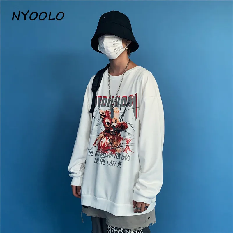 NYOOLO Harajuku дизайн кровавый медведь с буквенным принтом теплые флисовые толстовки Осень Зима Свободные О-образным вырезом пуловеры Толстовка для женщин и мужчин - Цвет: Белый