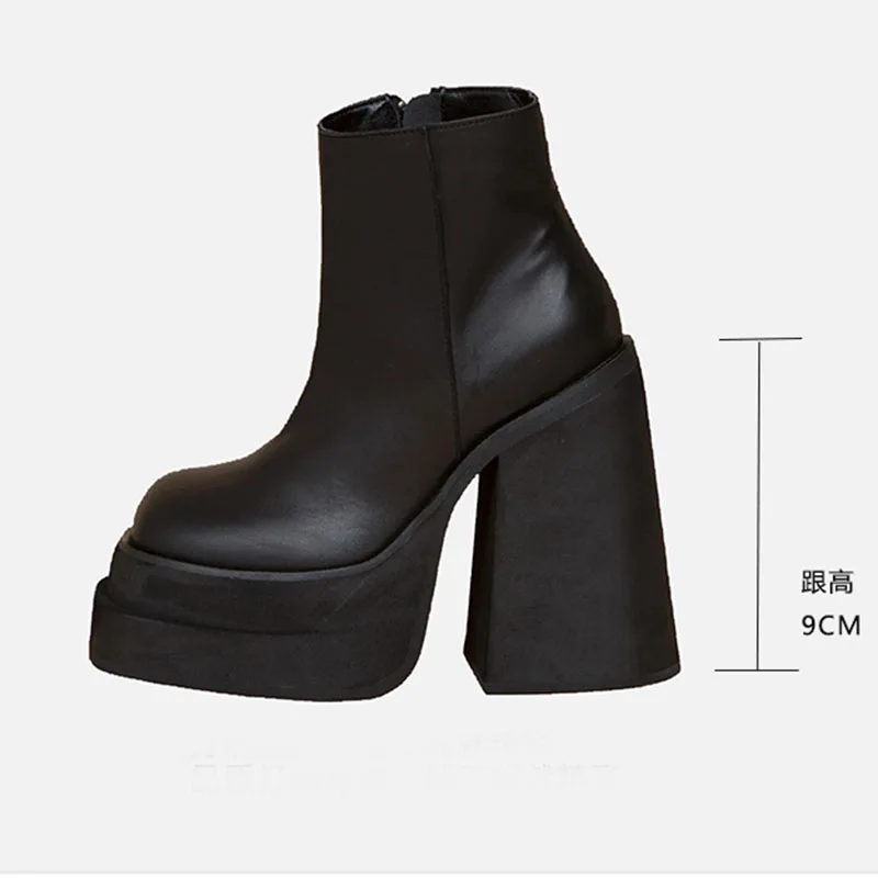 

2020 Platform Boots Women Square Toe Rivet Real Leather Square High Heel Boots Femme Ankle Boots