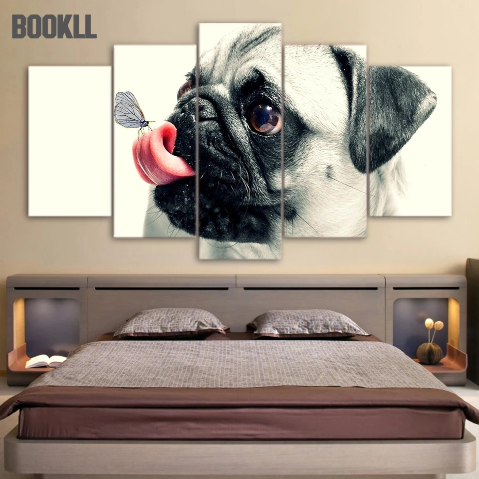 

5 Cute Pet Dog Pugs HD Printable Art Painting Posters For Living Room Bedroom Home Decoration Painting Frameless