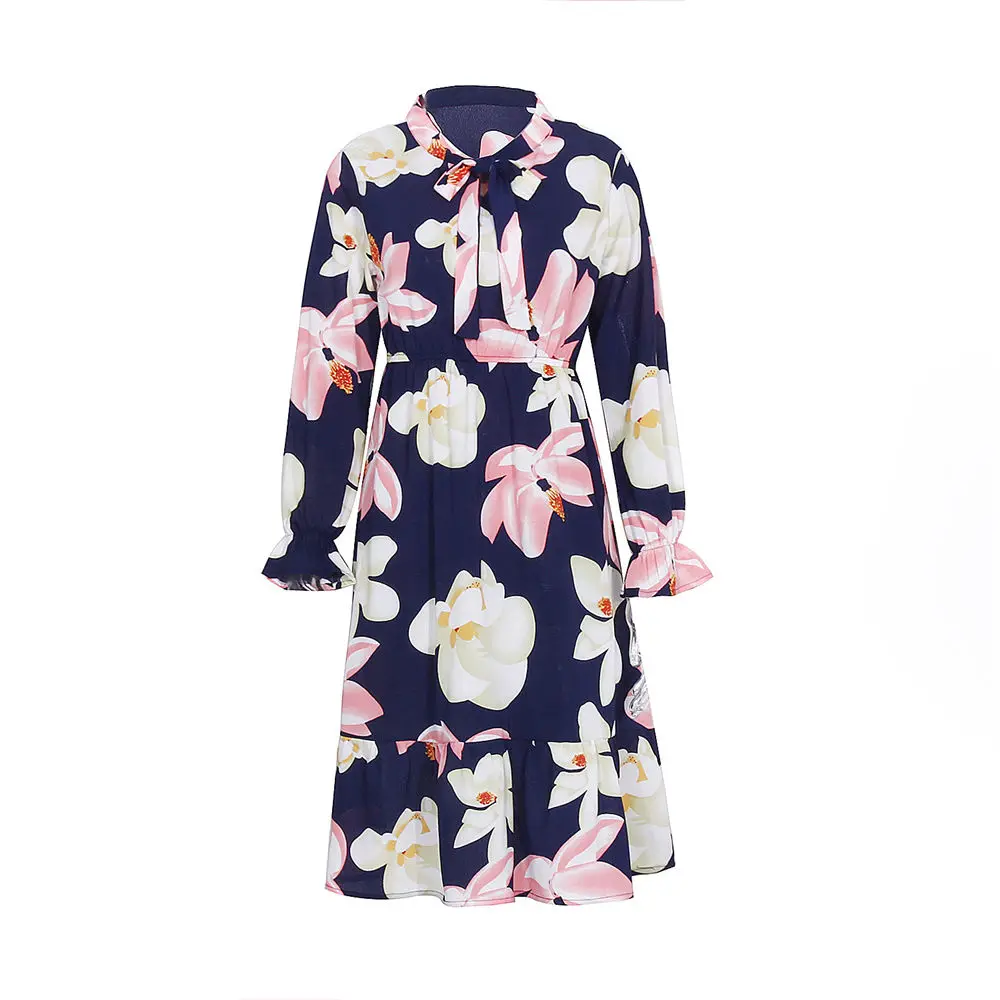 

2021 New Spring Summer Chiffon Floral Dress Women Bow Full Sleeve High Waist Slim Knee Length Party Dresses For Women Casual