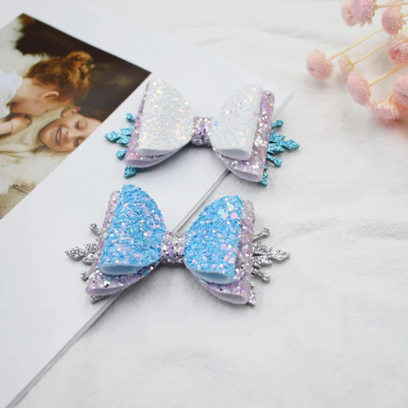 

6pcs New Design Blue White Glitter Hair Bows Large Snowflake Hair Clips Girls Hairpin Princess Cosplay Party Hair Accessories