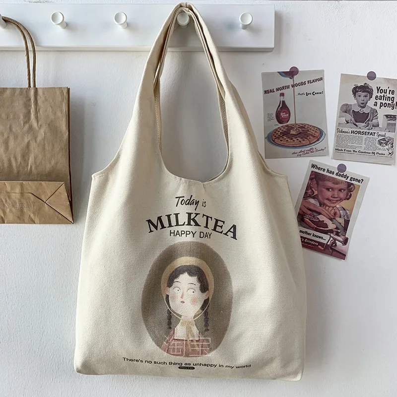 

W&G 2021 New Illustration Single Shoulder Canvas Bag Female Large Capacity Korean Style Ins Student School Canvas Bag Summer