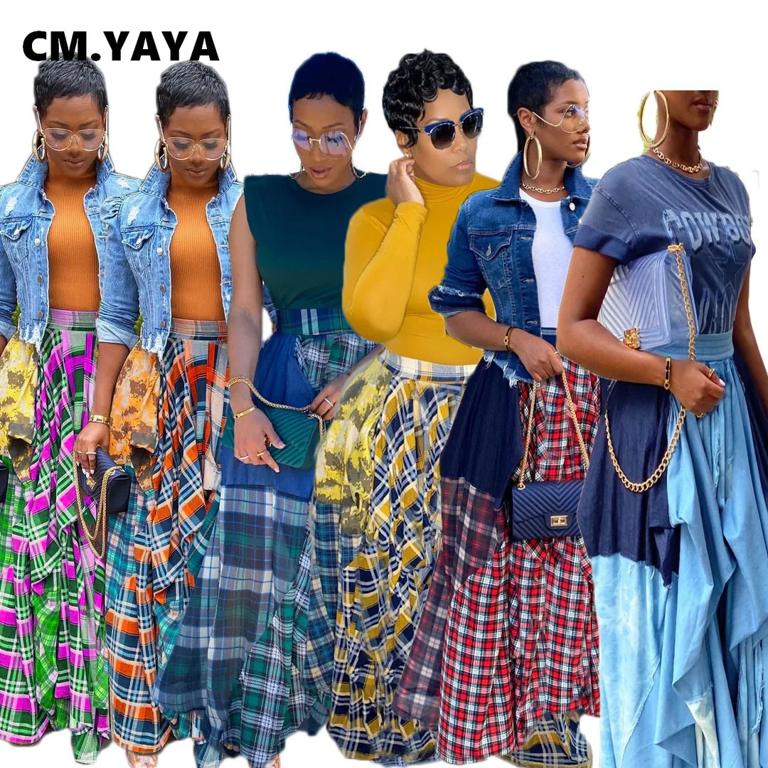 Женская длинная юбка макси CM.YAYA свободная Асимметричная клетчатая в стиле
