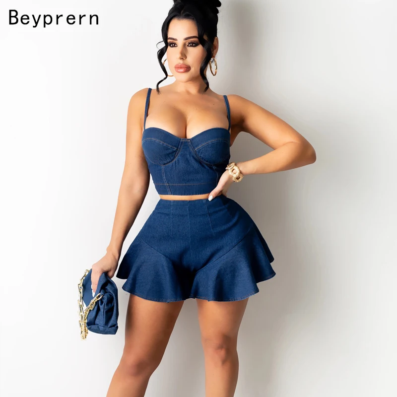 Beyprern подиумный Средний джинсовый топ на бретельках и шорты с Высокой Талией