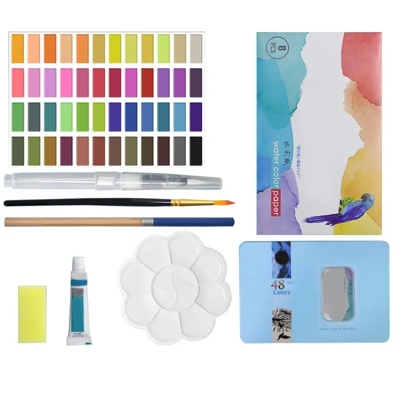 

Solid Watercolor Paint Set 48 Colors Art Set With Water Brush Pen Watercolor Painting Pigment