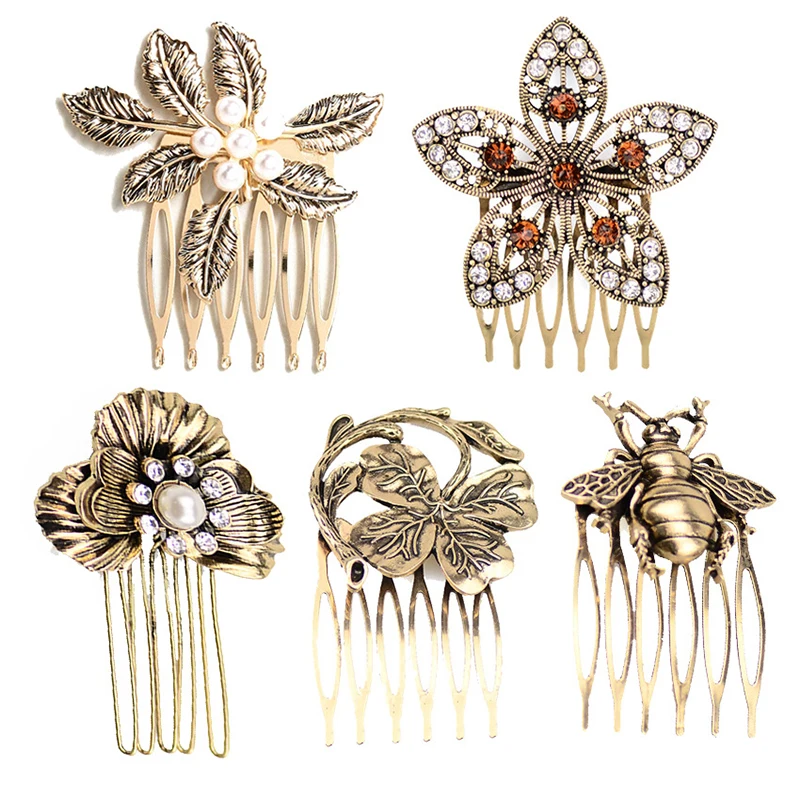 

Vintage Pearl Crystal Leaves Flower Bee Retro Alloy Comb Bee Hair Comb Ancient Style Hair Clip Hair accessories Ponytail Holder