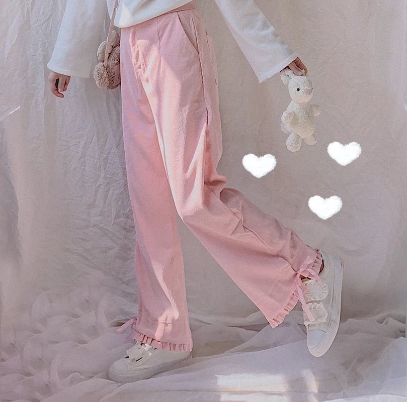 

Japanese Autumn Winter Soft Sister Pink Corduroy Straight Pants Ruffle Bowknot Tied Casual Pants Loose High waist Wide leg pants