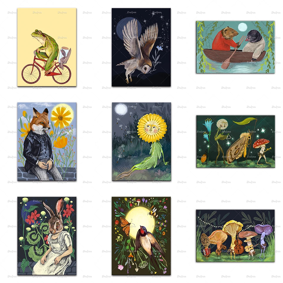 

Starry Owl -Contemplative Dandelion. Bicycle Frog -Fun Vintage-Style Illustration Nordic Wall Art Print Poster For Living Room