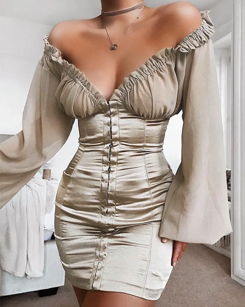 

Sexy V-neck Women's Dresses 2021 Autumn Fashion Elegant New Contrast Mesh Frill Trim Bodycon Dress