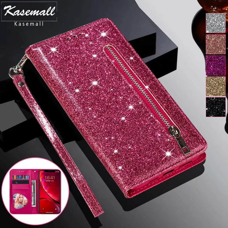 

Flip Wallet Case For Samsung Galaxy S22 S21 Plus S20 FE S10 S9 S8 S7 Note 20 Ultra 8 9 10 Pro Bling Glitter Zipper Leather Cover