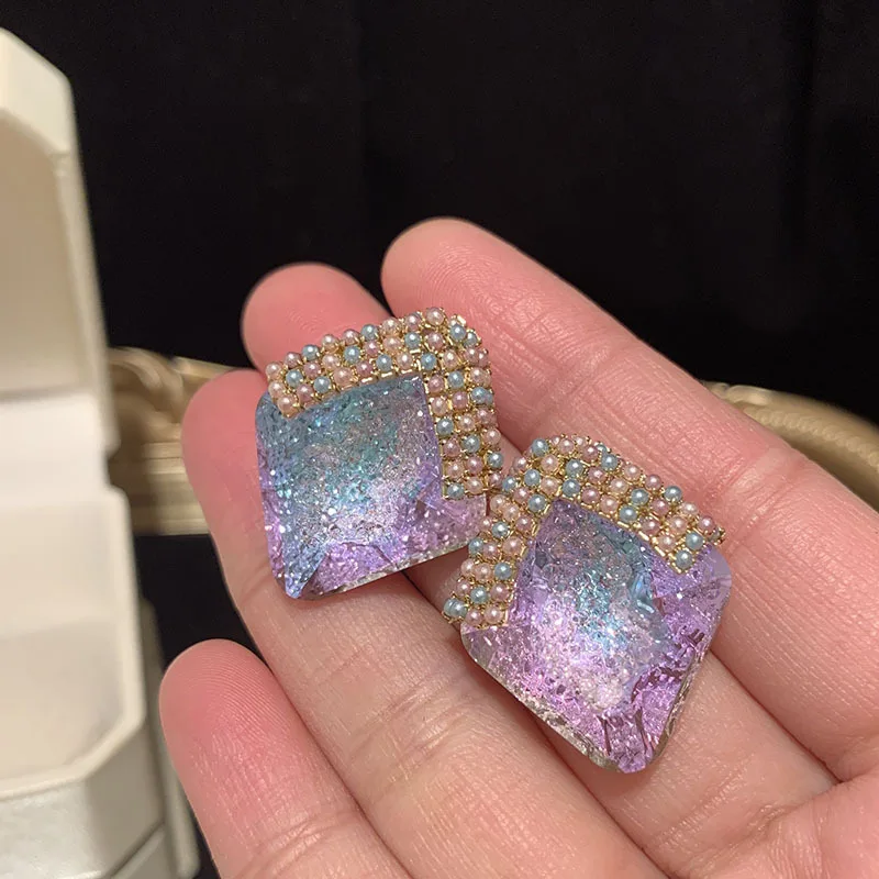 

Earrings For Women's S925 Silver Colorful Gradient Crystal Geometric Square Temperament Elegant Millet Beads Stars Sea Banquet