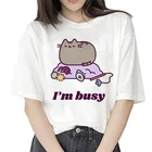 Футболка Pusheen, Женская забавная женская футболка в стиле Харадзюку с котом, милая 2019 графическая кавайная мультяшная Корейская футболка Ullzang, модные топы, футболки