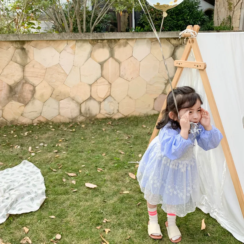 Spring New Arrival Korean style cotton striped matching flowers mesh princess long sleeve dress for cute sweet baby girls | Детская