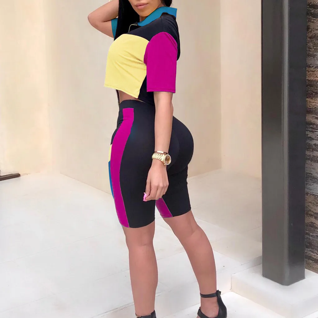 

Home&Nest Fashion Women's Split Two Piece Set Short Sleeve Navel Exposed Zipper Splicing Suit Causal Women's Sets Spring New