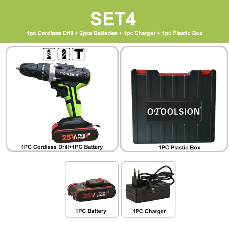 SET4 (2pc battery) Мощность Фул 25+ 1 электродрель крутящего момента многофункциональная аккумуляторная ручная дрель отвертки Портативный Мощность инструментов с инструментальным ящиком - Цвет: SET4 (2pc battery)