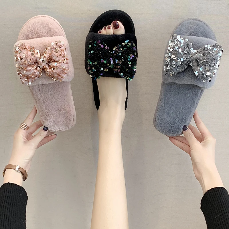 

Домашние женские меховые тапочки из искусственной замши, Зимние теплые плюшевые Нескользящие тапочки для спальни, женские меховые тапочки,...