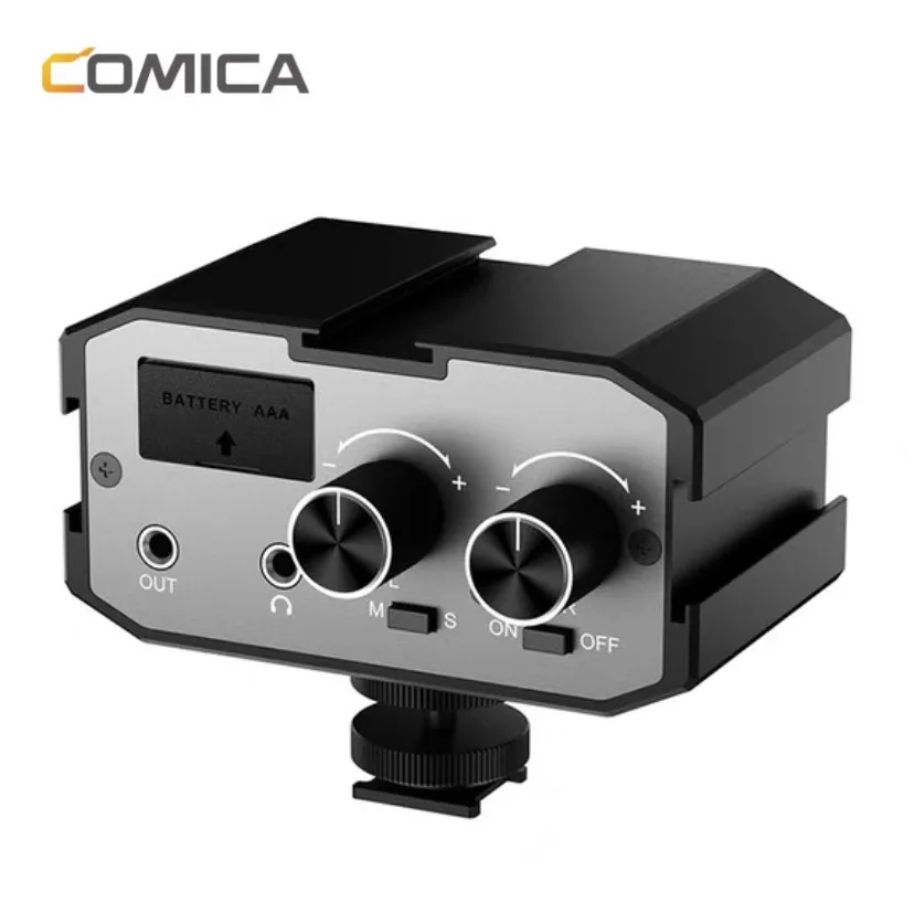 

CoMica CVM-AX1 Audio Mixer Adapter Universal Dual Channel 3.5mm Port Mixer Support Real-time Monitoring Mono/StereoOutput Switch