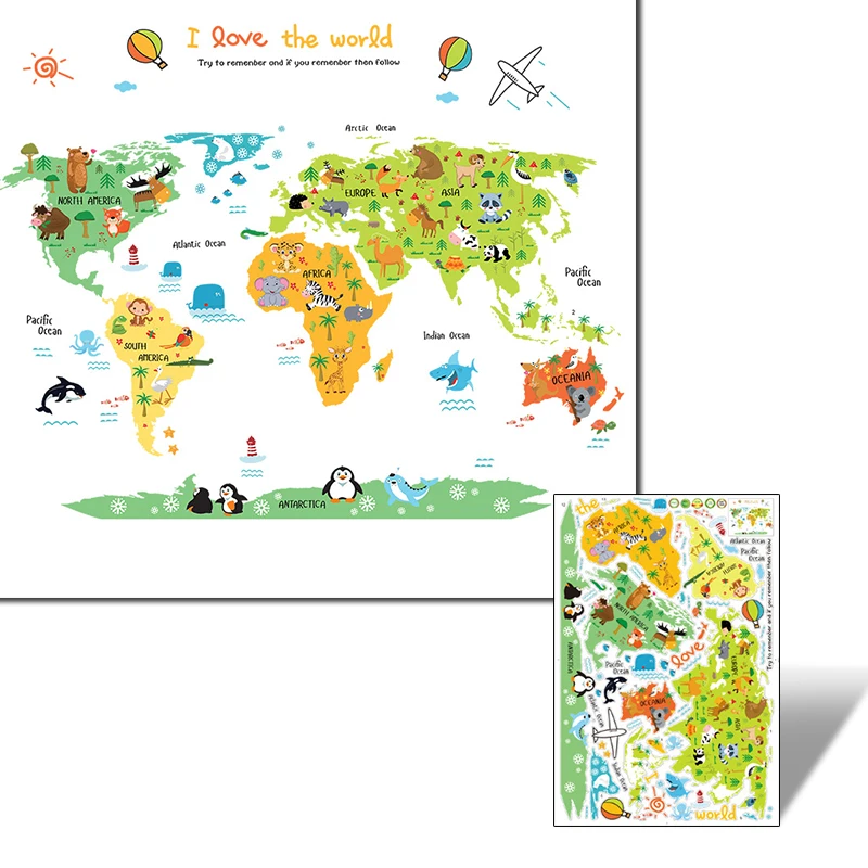 Мультяшная карта мира ПВХ DIY самоклеющиеся виниловые наклейки на стену для