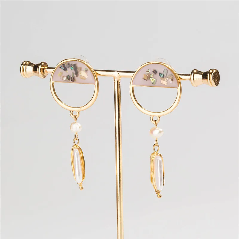 

Trendy Design Semicircle Hollow Drop Stone Long Drop Earrings Gold Color Handmade Square Pearl For Women Girls Party Jewelry