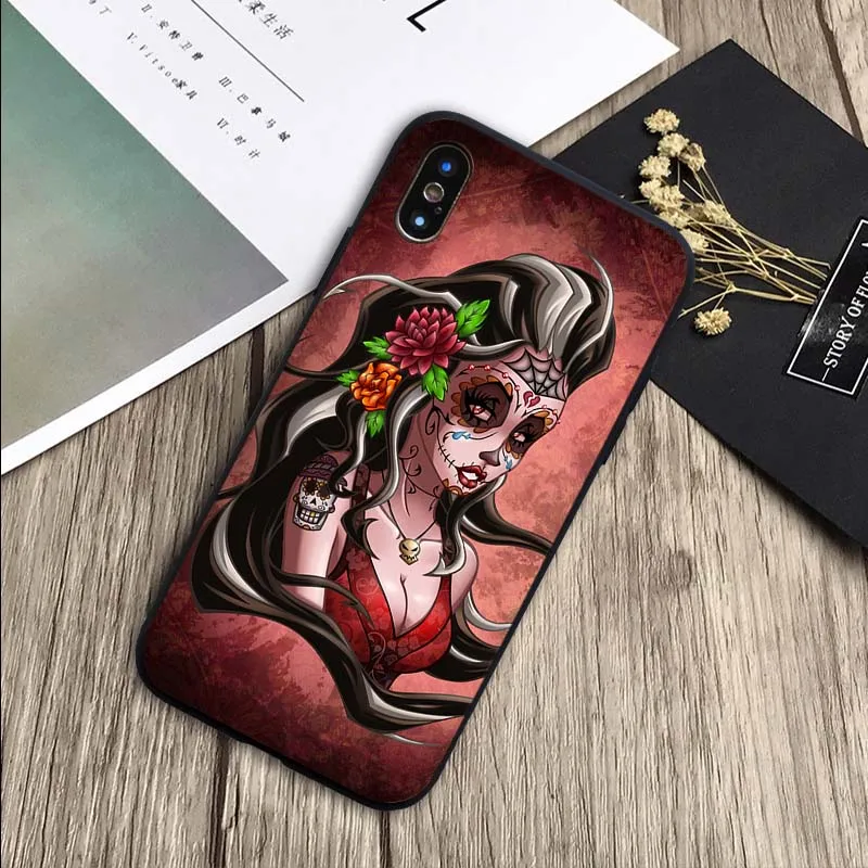 Сахарный череп день мертвой девушки татуировки чехол мягкий силиконовый черный