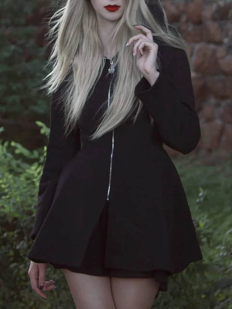 Осенне зимнее женское готическое Черное мини платье Ruibbit на молнии с капюшоном в
