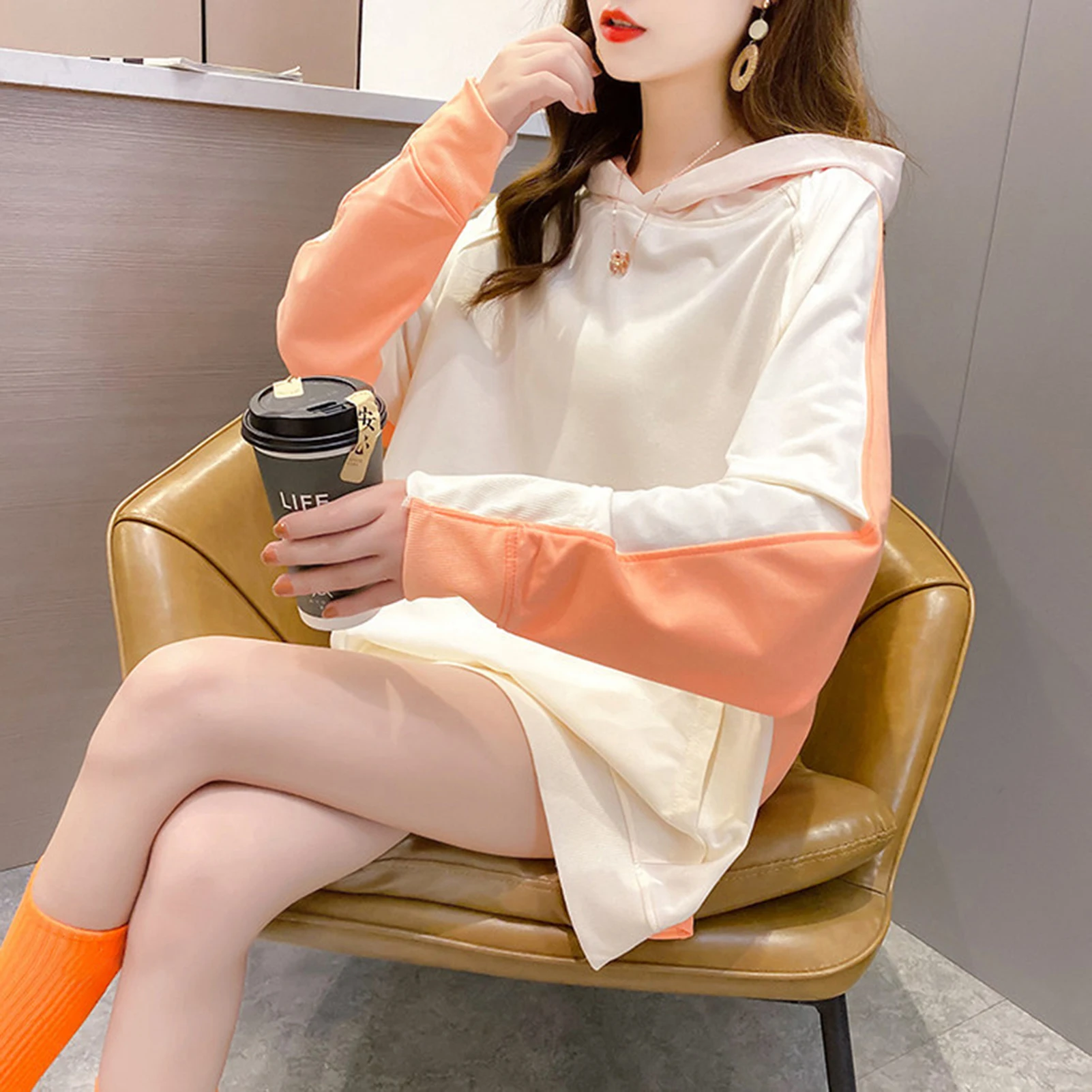 

Women Loose Long Sleeve Color Block Hooded Hoodie Pullover Blouse Streetwear