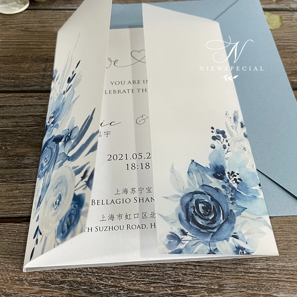Синий акварельный цветочный бархат Свадебное приглашение с конвертом 50 шт. | Дом